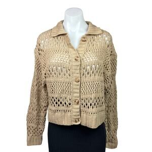 Gilli Beige Collared Button Down Crochet Knit Boho Cardigan Sweater Top  Size S